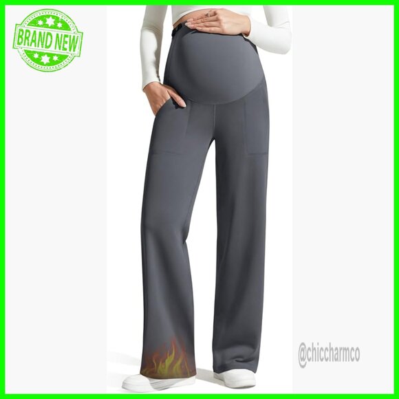 Fleece Lined Maternity Wide Leg Pants Over Belly Active Trousers Pockets
